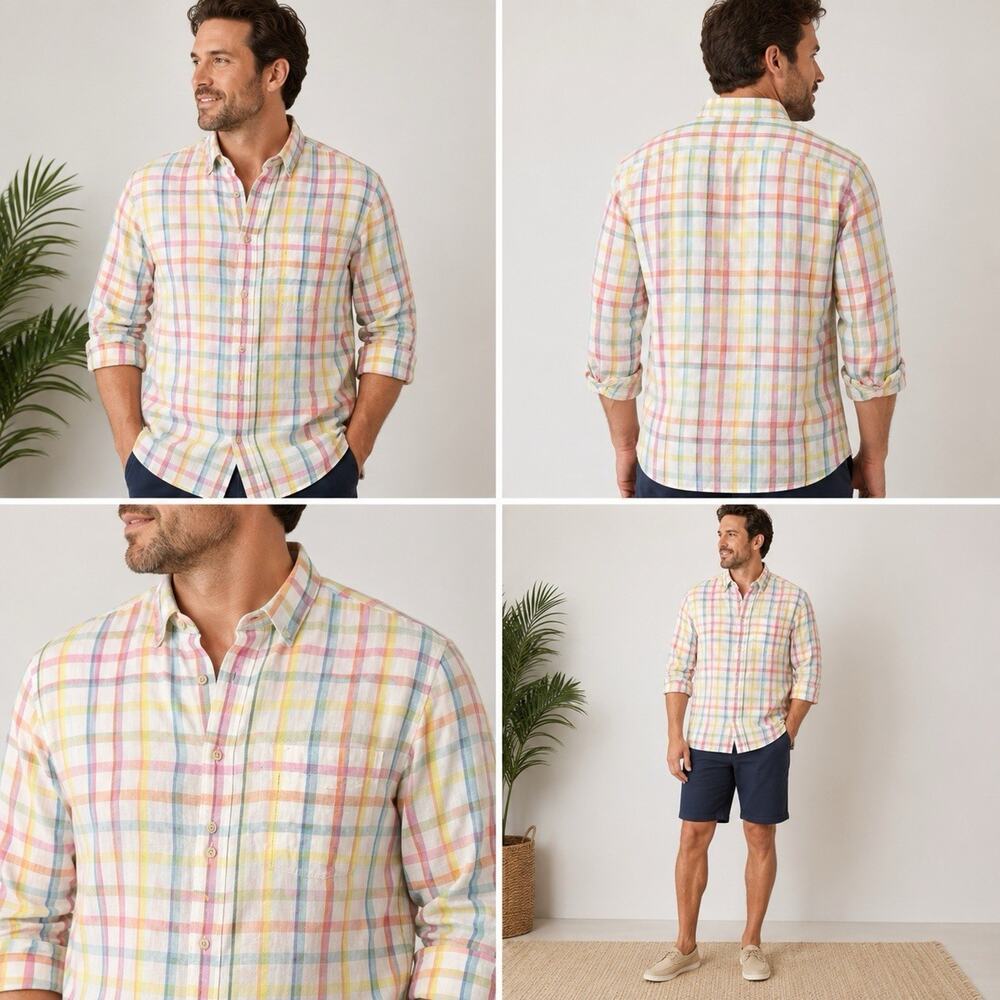 Tommy Bahama Relax Island Modern Fit Plaid Linen Shirt Men’s XL Button Up